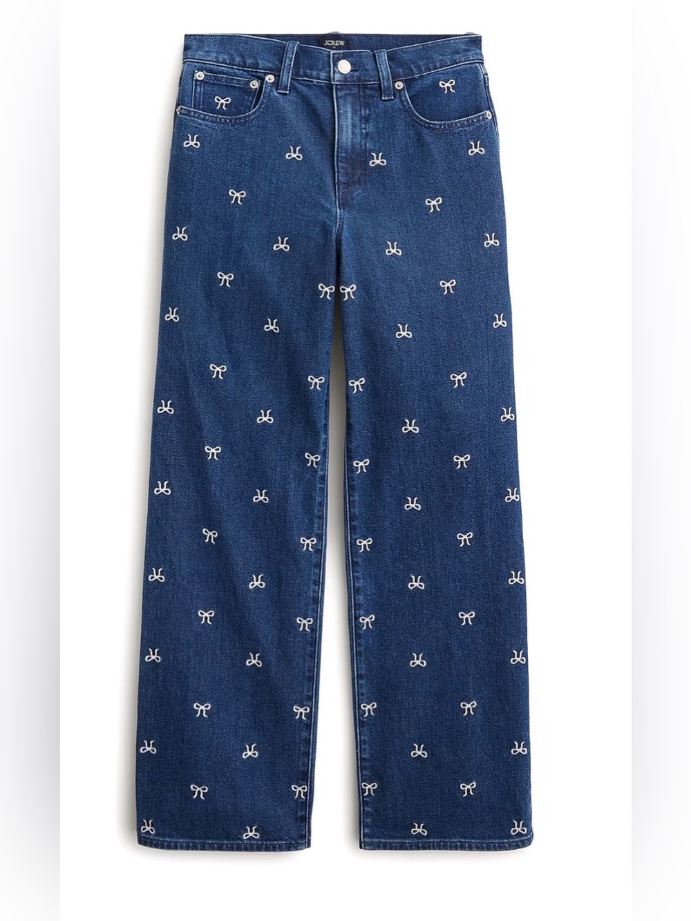 Bow-embroidered slim wide-leg jean in all-day stretch